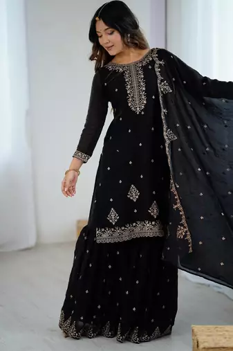  embroidery crunchy silk blend straight kurta sharara and dupatta set