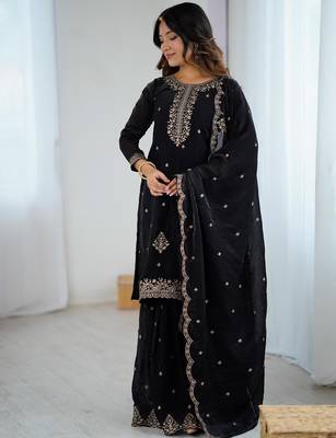  embroidery crunchy silk blend straight kurta sharara and dupatta set 5