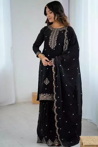  embroidery crunchy silk blend straight kurta sharara and dupatta set