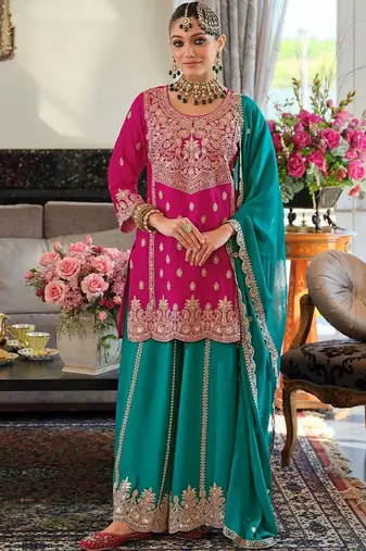 Women Ethnic Motifs Embroidered Kurta with Sharara & With Dupatta