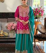 Women Ethnic Motifs Embroidered Kurta with Sharara & With Dupatta