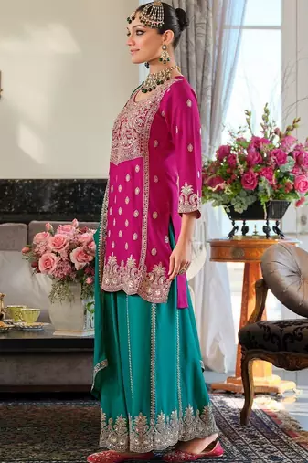 Women Ethnic Motifs Embroidered Kurta with Sharara & With Dupatta