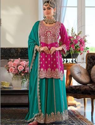 Women Ethnic Motifs Embroidered Kurta with Sharara & With Dupatta 5
