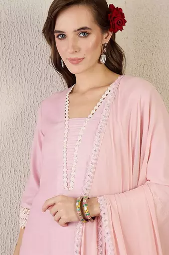 Floral Printed V Neck Straight Kurta With Trouser & Dupatta