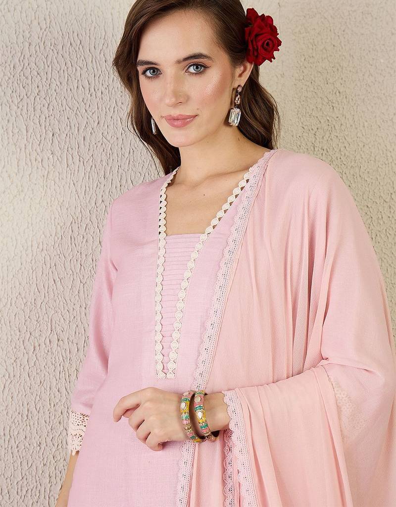 Floral Printed V Neck Straight Kurta With Trouser & Dupatta