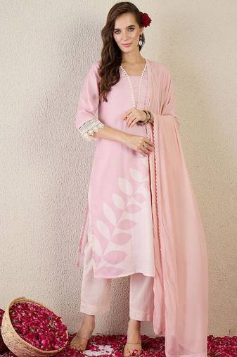 Floral Printed V Neck Straight Kurta With Trouser & Dupatta