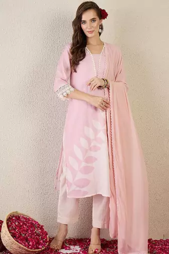 Floral Printed V Neck Straight Kurta With Trouser & Dupatta