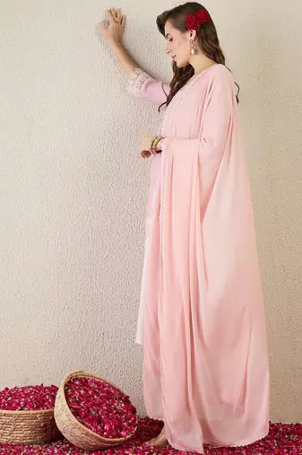 Floral Printed V Neck Straight Kurta With Trouser & Dupatta