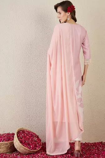 Floral Printed V Neck Straight Kurta With Trouser & Dupatta