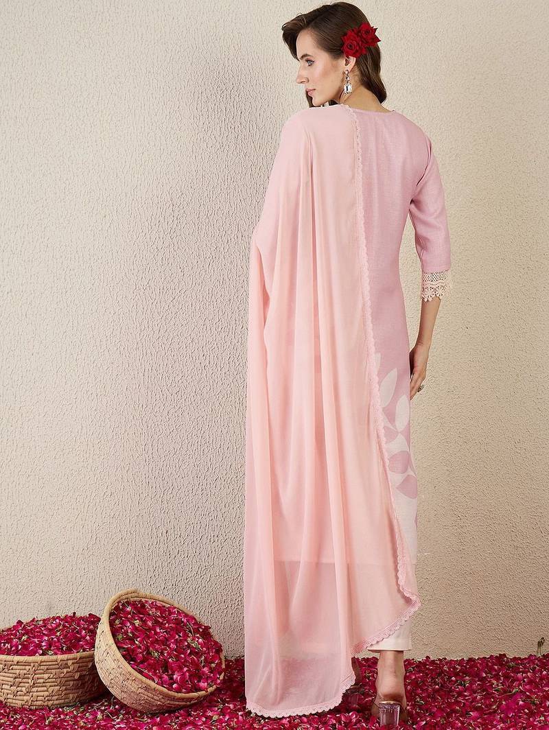 Floral Printed V Neck Straight Kurta With Trouser & Dupatta