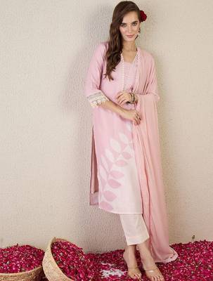Floral Printed V Neck Straight Kurta With Trouser & Dupatta 5