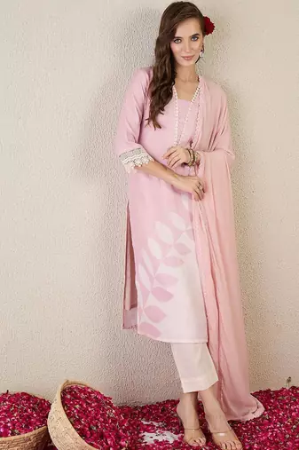 Floral Printed V Neck Straight Kurta With Trouser & Dupatta
