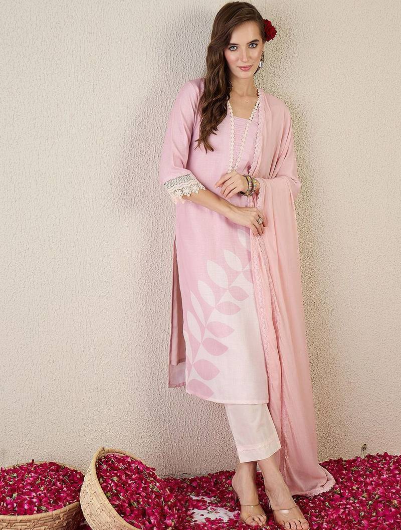 Floral Printed V Neck Straight Kurta With Trouser & Dupatta