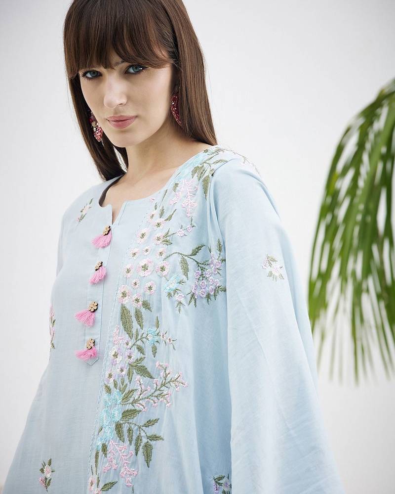 Floral Embroidered Straight Thread Work Cotton Kurta With Trousers & Dupatta