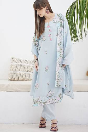 Floral Embroidered Straight Thread Work Cotton Kurta With Trousers & Dupatta