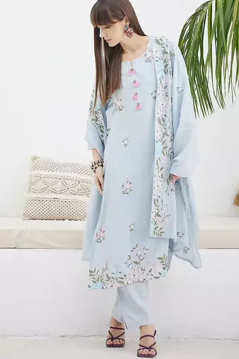 Floral Embroidered Straight Thread Work Cotton Kurta With Trousers & Dupatta