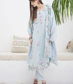 Floral Embroidered Straight Thread Work Cotton Kurta With Trousers & Dupatta