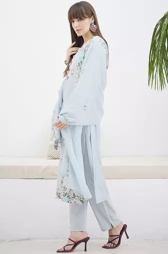 Floral Embroidered Straight Thread Work Cotton Kurta With Trousers & Dupatta