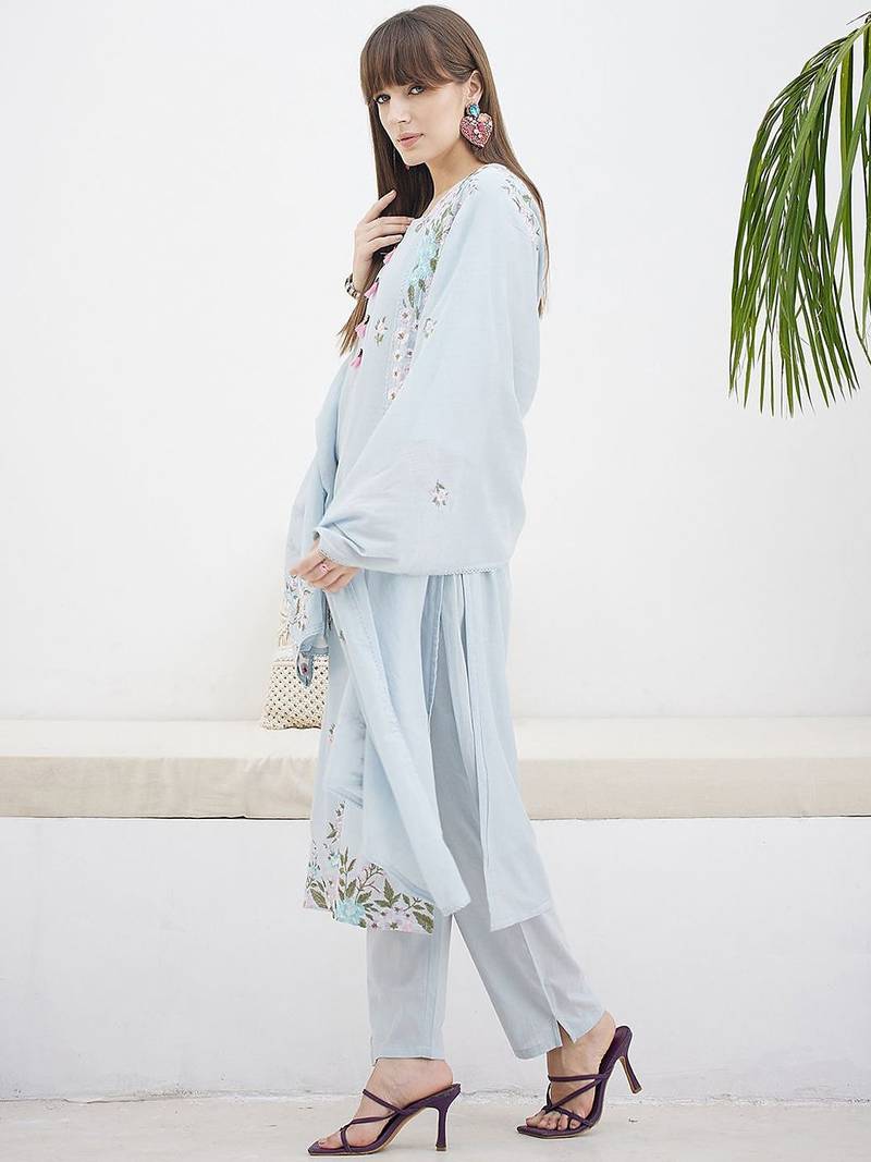 Floral Embroidered Straight Thread Work Cotton Kurta With Trousers & Dupatta