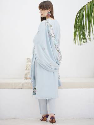 Floral Embroidered Straight Thread Work Cotton Kurta With Trousers & Dupatta 4