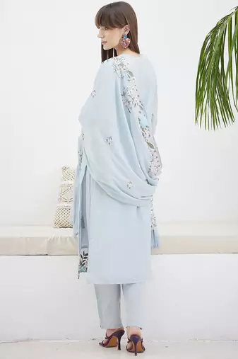 Floral Embroidered Straight Thread Work Cotton Kurta With Trousers & Dupatta