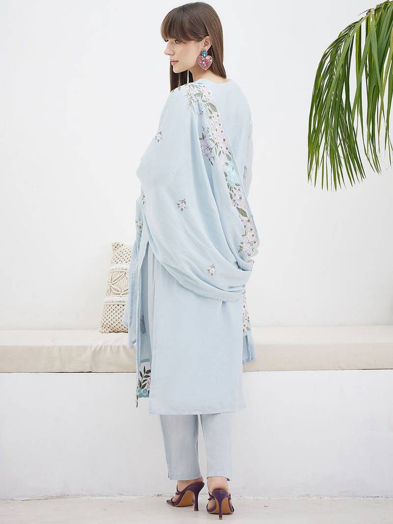 Floral Embroidered Straight Thread Work Cotton Kurta With Trousers & Dupatta