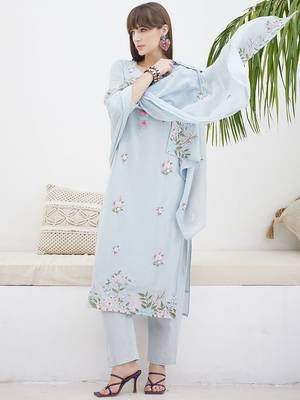 Floral Embroidered Straight Thread Work Cotton Kurta With Trousers & Dupatta 5