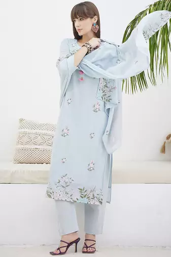 Floral Embroidered Straight Thread Work Cotton Kurta With Trousers & Dupatta