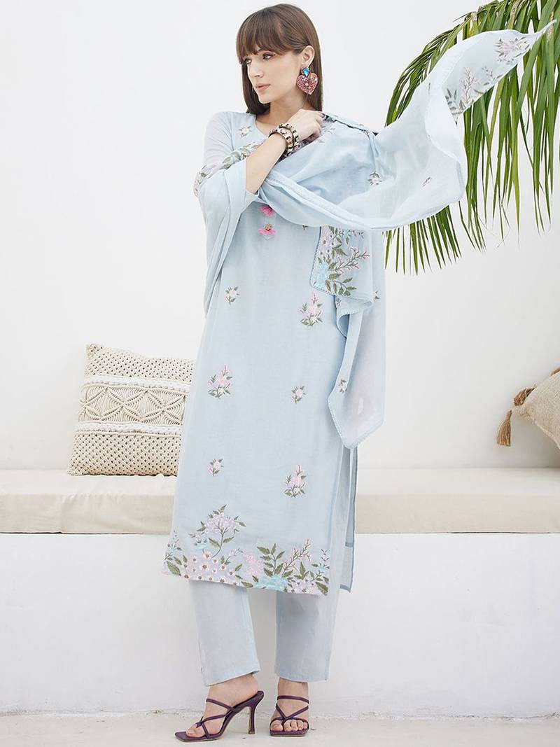 Floral Embroidered Straight Thread Work Cotton Kurta With Trousers & Dupatta