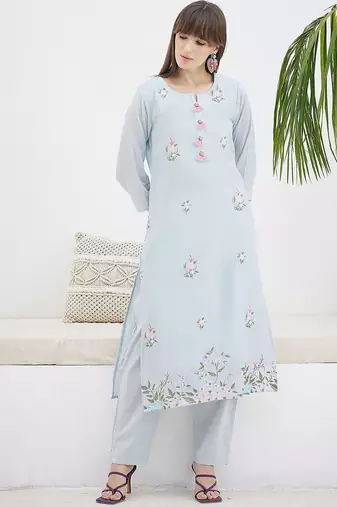 Floral Embroidered Straight Thread Work Cotton Kurta With Trousers & Dupatta