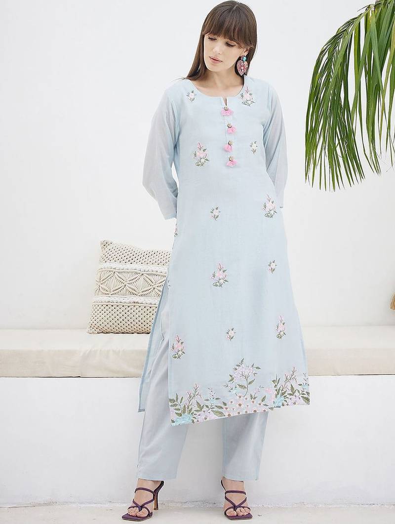 Floral Embroidered Straight Thread Work Cotton Kurta With Trousers & Dupatta