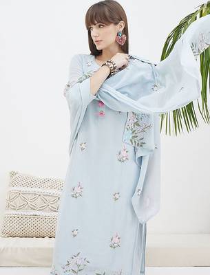 Floral Embroidered Straight Thread Work Cotton Kurta With Trousers & Dupatta 7