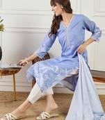 Women Floral Printed Linen Kurta with Trousers & Dupatta