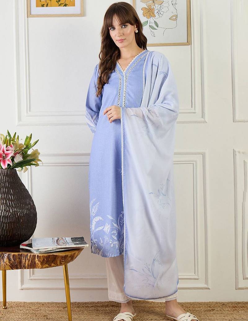 Women Floral Printed Linen Kurta with Trousers & Dupatta