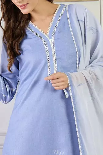 Women Floral Printed Linen Kurta with Trousers & Dupatta