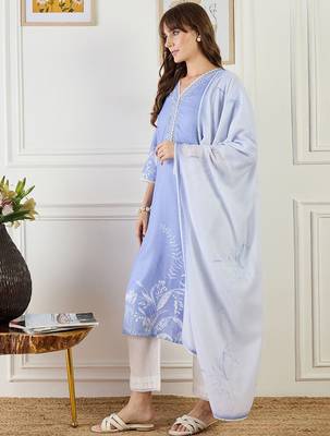 Women Floral Printed Linen Kurta with Trousers & Dupatta 4