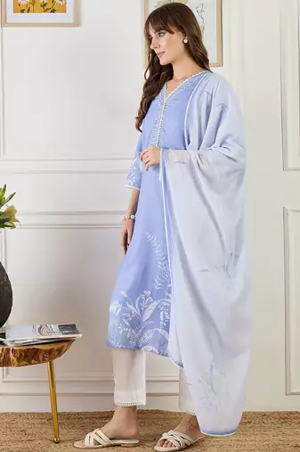 Women Floral Printed Linen Kurta with Trousers & Dupatta