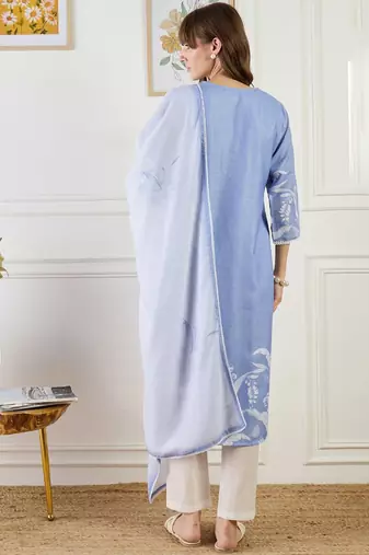 Women Floral Printed Linen Kurta with Trousers & Dupatta