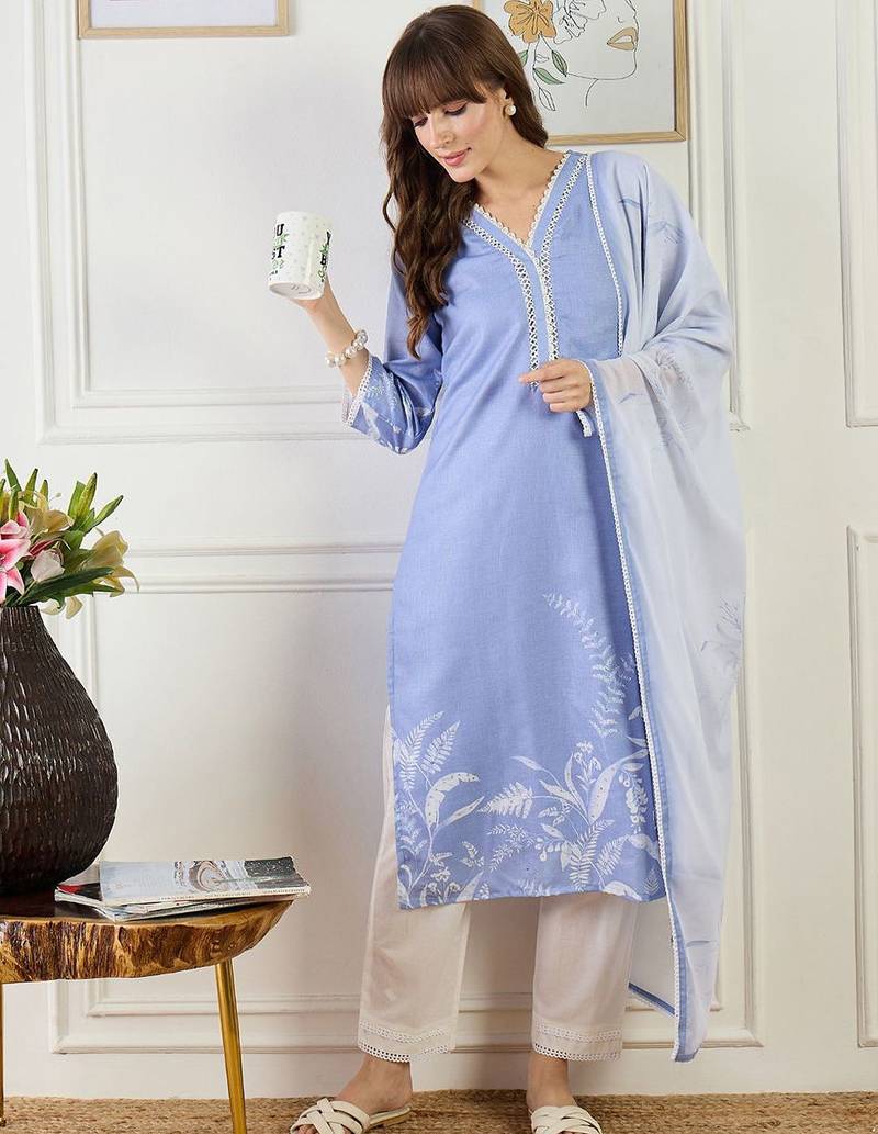 Women Floral Printed Linen Kurta with Trousers & Dupatta