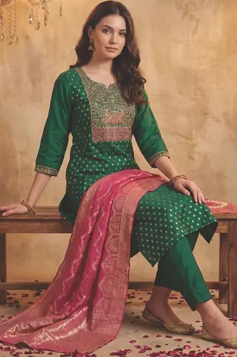 Women Ethnic Motifs Embroidered Sequinned Kurta with Trousers & With Dupatta