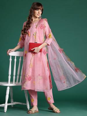 Floral Embroidered Sequinned Kurta with Trousers & Dupatta 1