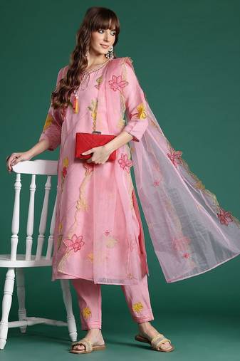 Floral Embroidered Sequinned Kurta with Trousers & Dupatta