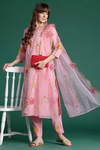 Floral Embroidered Sequinned Kurta with Trousers & Dupatta