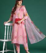Floral Embroidered Sequinned Kurta with Trousers & Dupatta