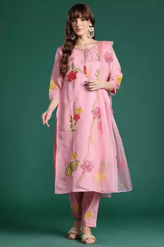 Floral Embroidered Sequinned Kurta with Trousers & Dupatta