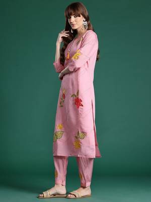 Floral Embroidered Sequinned Kurta with Trousers & Dupatta 6