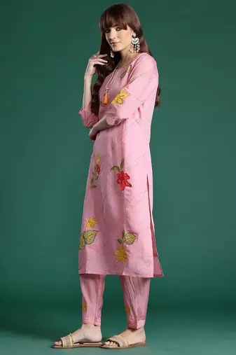 Floral Embroidered Sequinned Kurta with Trousers & Dupatta