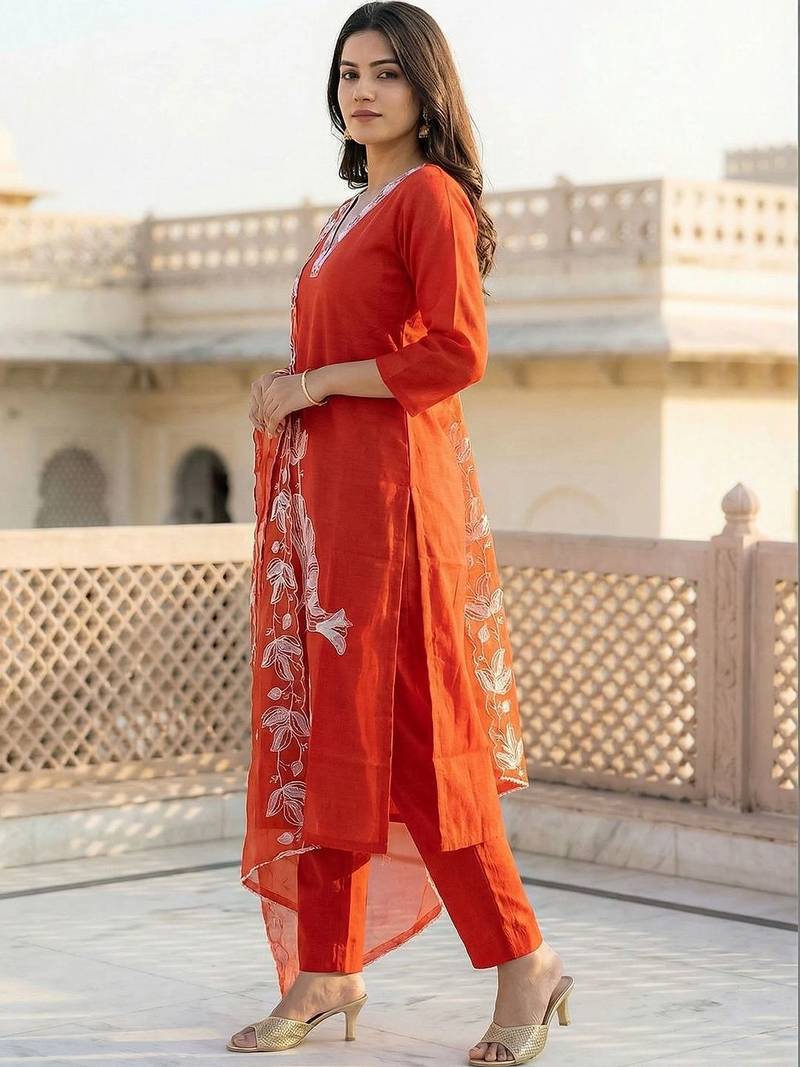 Women Floral Embroidered Thread Work Kurta with Trousers & With Dupatta