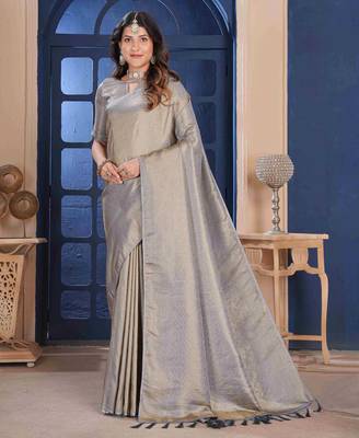 Grey Zari Woven Kanjivaram Soft Silk Blend Saree With ReadyBlouse 1