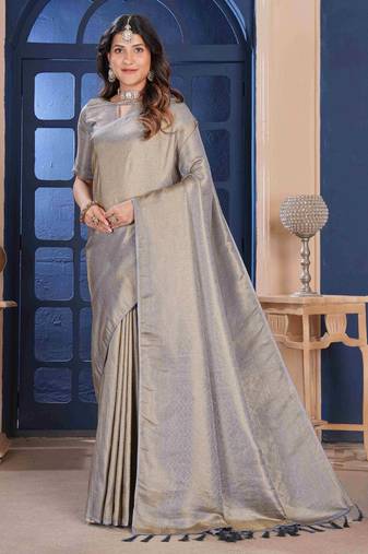 Grey Zari Woven Kanjivaram Soft Silk Blend Saree With ReadyBlouse